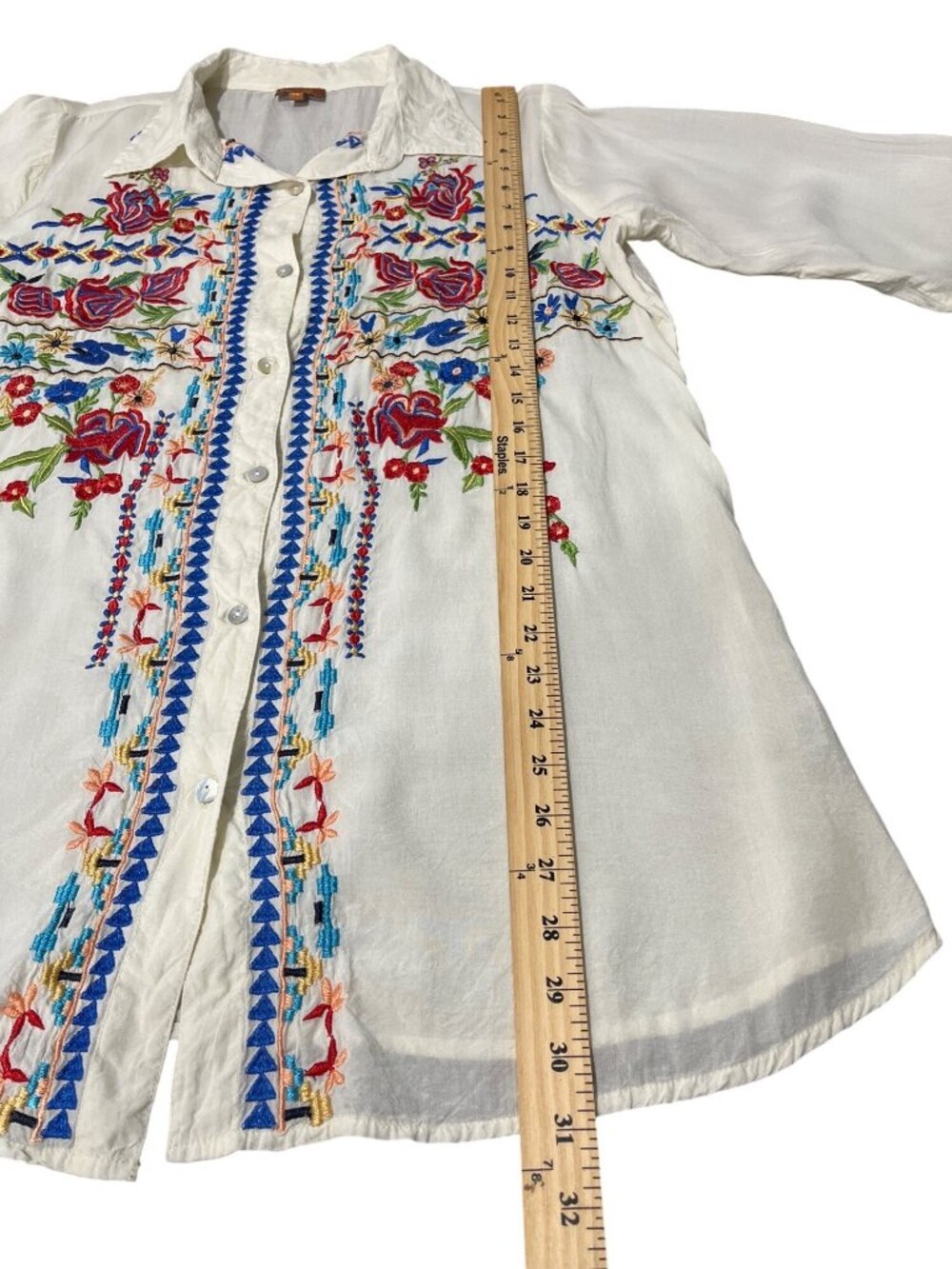 Scully Womens XL Button-Up Top Floral Embroidered Shirt Cream Red Blue Western - Picture 6 of 9